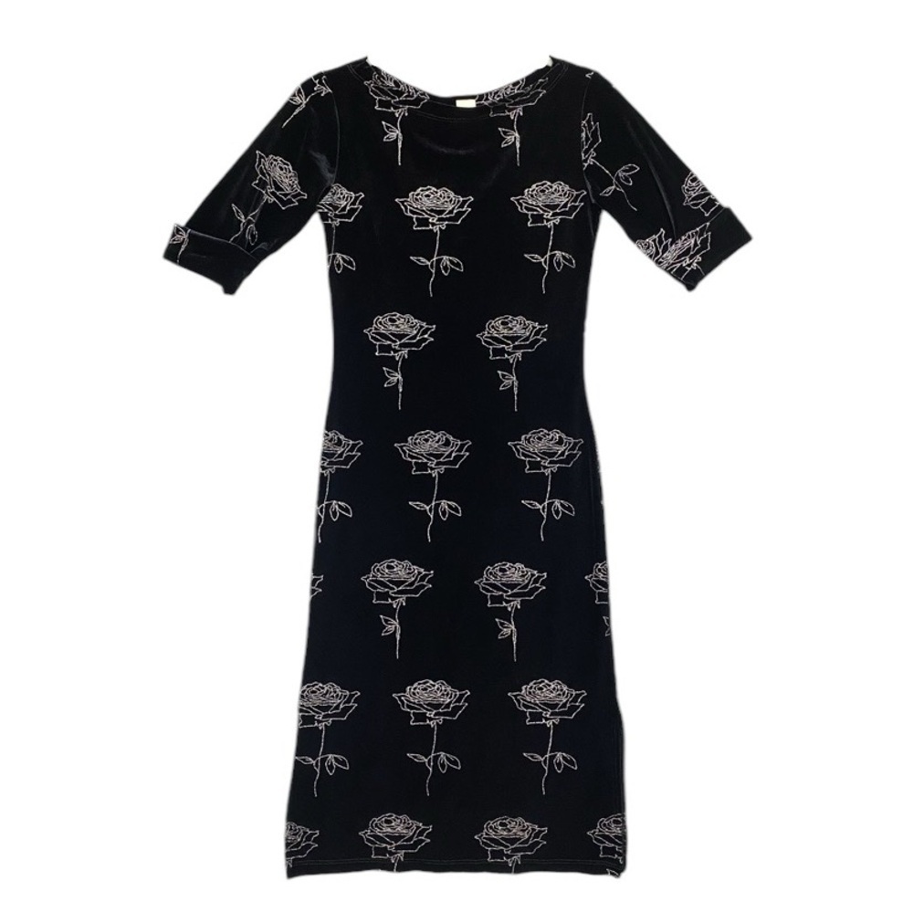Vintage Mine USA Velour Rose Midi Dress Womens Size Small Glitter Black Dark
